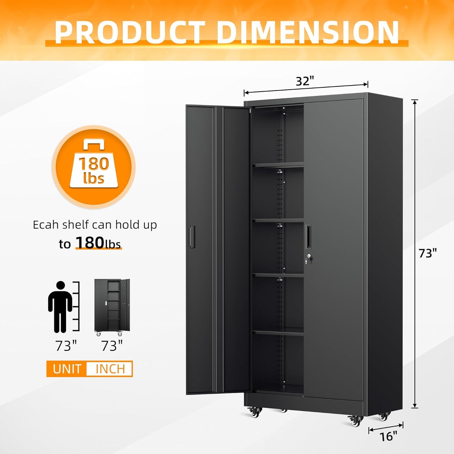 INTERGREAT Rolling Storage Cabinet, 73" Tall Lockable Tool Cabinet with Pegboard and Shelves, Heavy-Duty File Cabinet with Wheels for Garage, Basement, Warehouse, Black