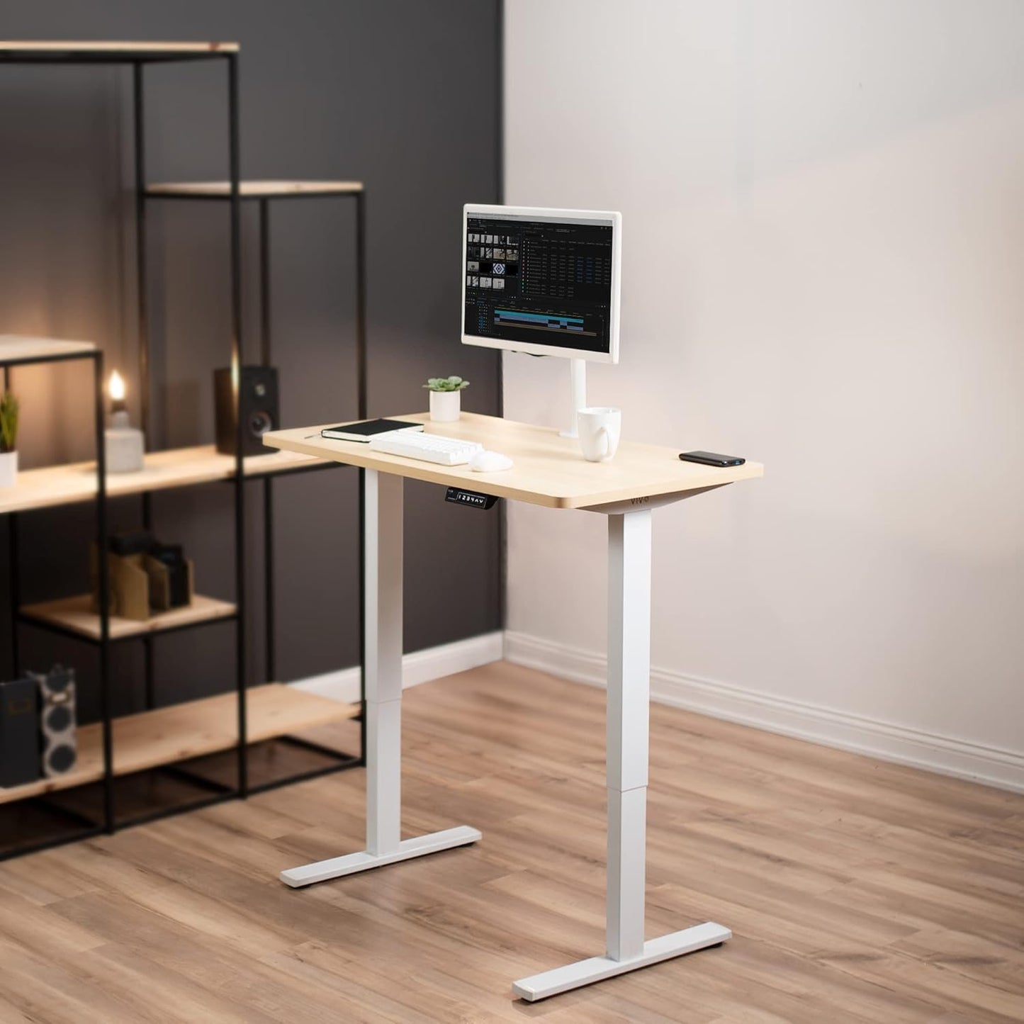 VIVO Electric 43 x 24 in Standing Desk, Memory Height Adjustment, 1B Series, One-Piece Light Wood Top, White Frame, DESK-KIT-1W4C