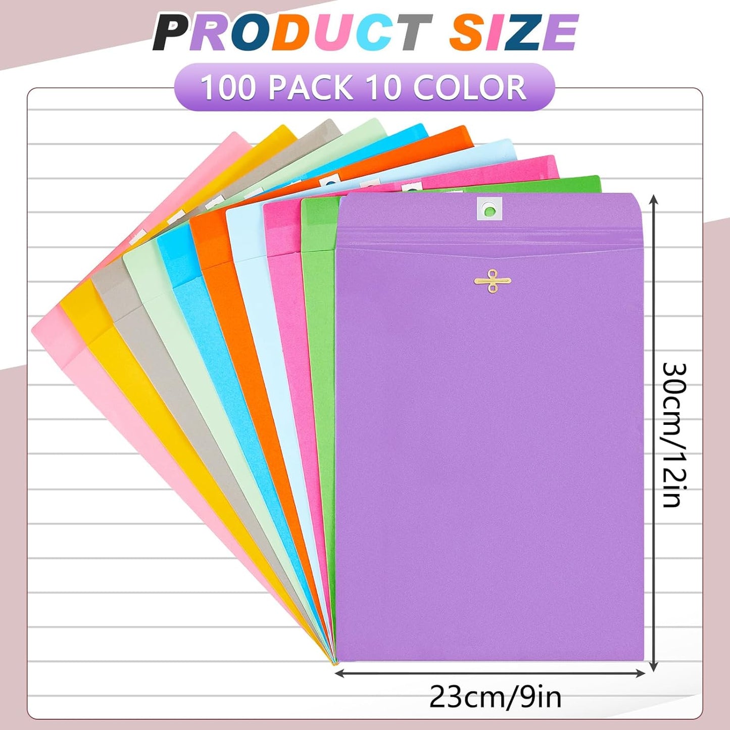 Geyee 100 Pcs Clasp Manilla Envelopes 9 x 12 Inch Gummed Colored Envelopes for Storing or Mailing for Home Office Business Supplies(Colorful)