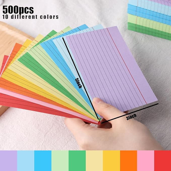 Koogel 500PCS Ruled Index Cards, 3 x 5 Inch Neon Color Flash Cards Note Cards Lined Index Cards Study Cards for School Office Learning