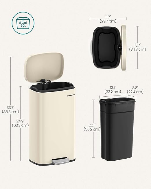 SONGMICS Trash Can with Lid, 8 Gallon Garbage Can, Stainless Steel Small Waste Bin with Step Pedal and Inner Bucket, Soft Close, Kitchen, Sand Beige ULTB003A01