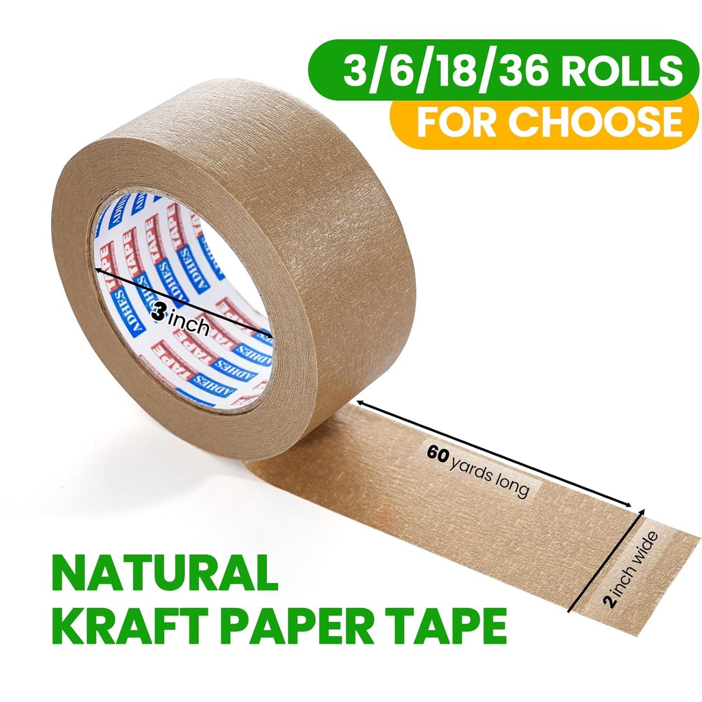 ADHES Kraft Paper Tape, 2 Inch x 60 Yards x 18 Rolls, Biodegradable Paper Packing Tape Writable & Uncoated Brown Shipping Tape for Shipping, Moving, Sealing
