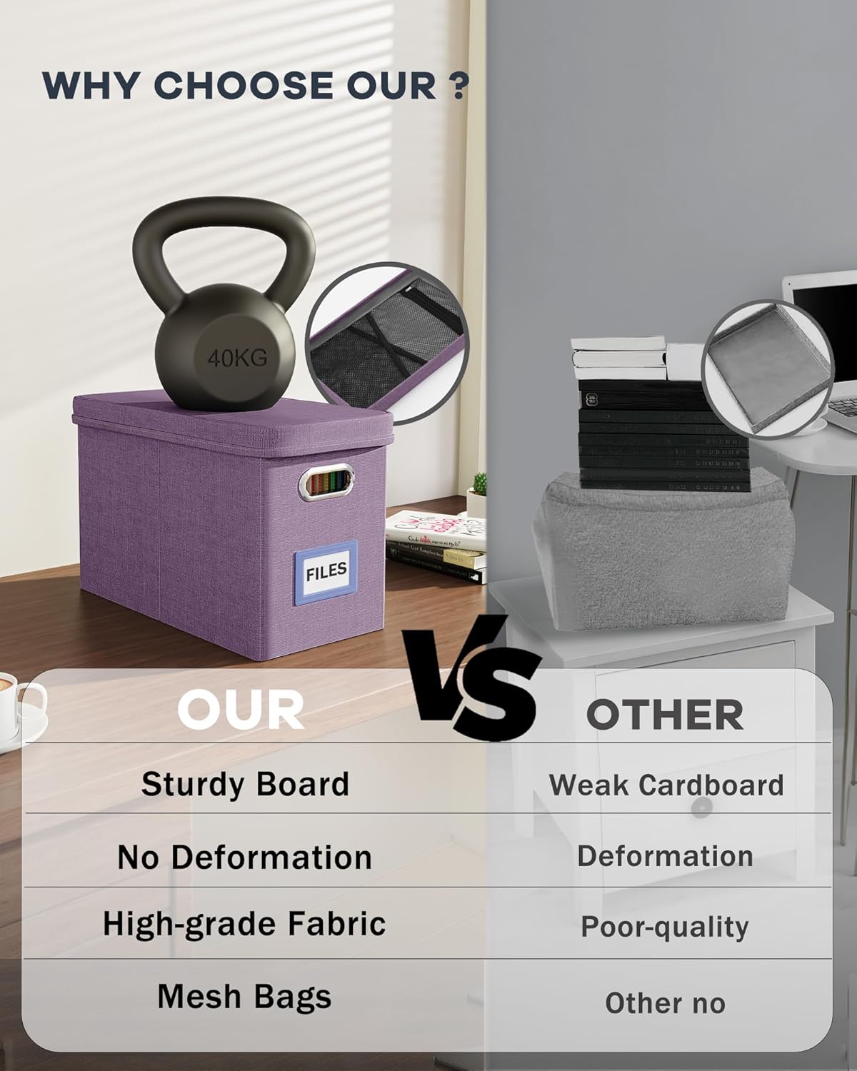 Oterri File Organizer With Lid, Hanging Filing Box With Mesh Pocket, Document Organizer for Letter Files, Portable Storage for Office & Home (2 PCS, Taro Purple)