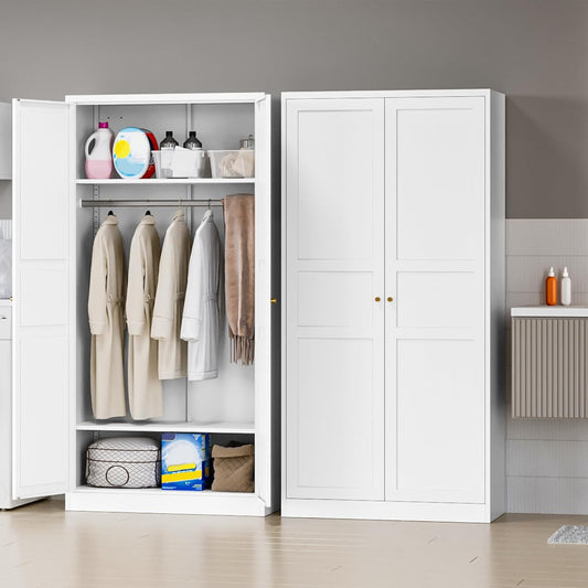 MIIIKO Wardrobe Closet with 2 Doors, 72" Metal Clothing Storage Cabinets with Hanging Rod, Bedroom Armoires Laundry Room and Office Clothes Storage Organizer Cabinets