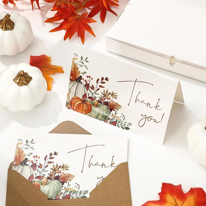 Whaline 50 Pack Fall Thank You Cards Bulk Boxed Watercolor Autumn Leaves Pumpkin Thank You Note Cards with Kraft Envelopes Sticker Thanksgiving Blank Greeting Cards for Wedding Baby Shower