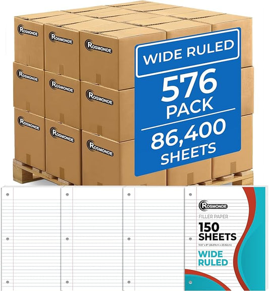 576 Pack (Pallet) Loose Leaf Paper Bulk, 86400 Sheets, Wide Ruled, Pallet of Filler Paper, 150 Sheets/Pack, 8 x 10.5", 56 Gsm Thick Sheets, 3 Hole Punched, School & Office, 4-7 Days Transit