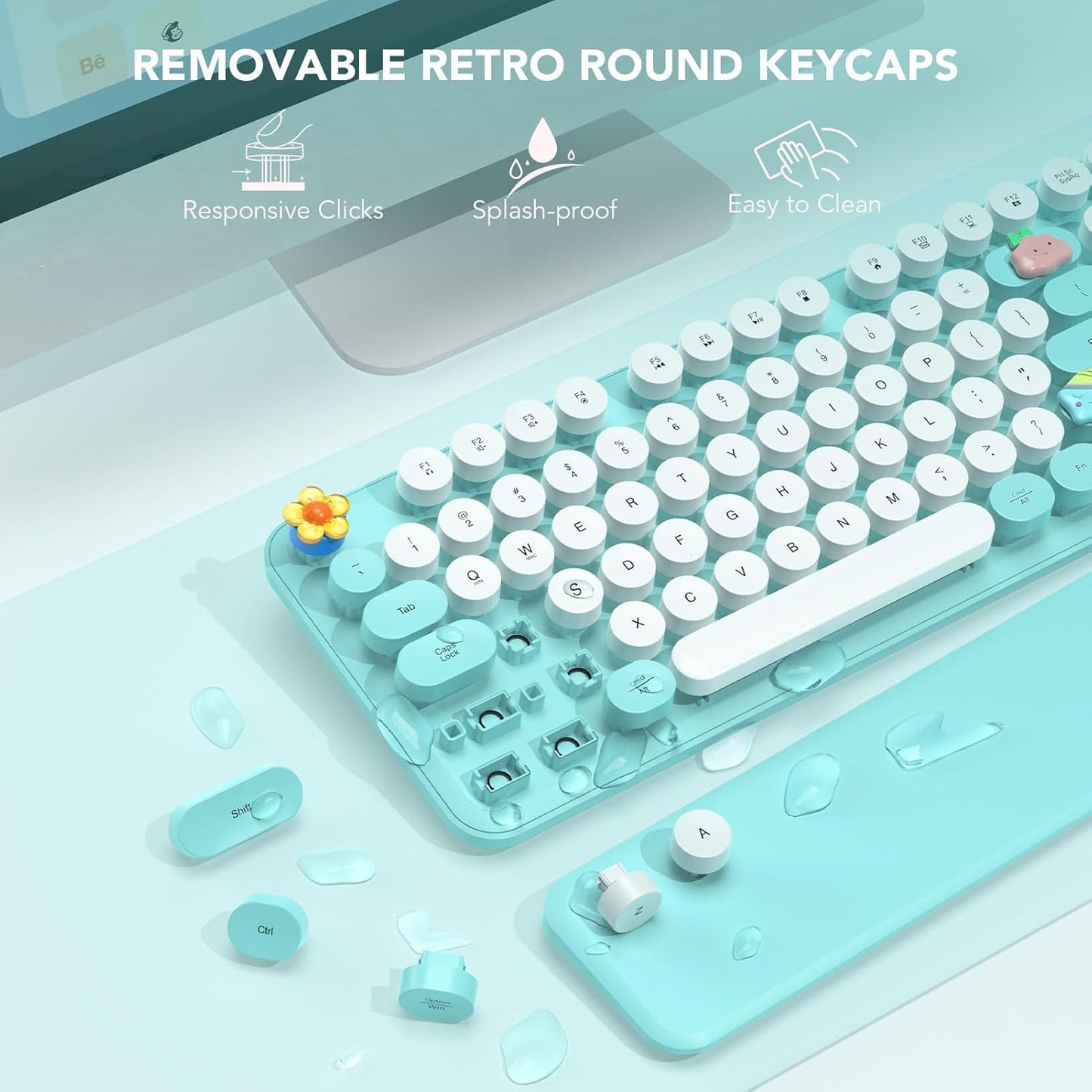 Wireless Keyboard, Round Keycaps, Retro Typewriter Keyboard with Detachable Wrist Rest, Sleep Mode, Foldable Legs, 2.4GHz Full-size Cordless Computer Keyboard for Windows/PC/Laptop (Robin Egg Blue)