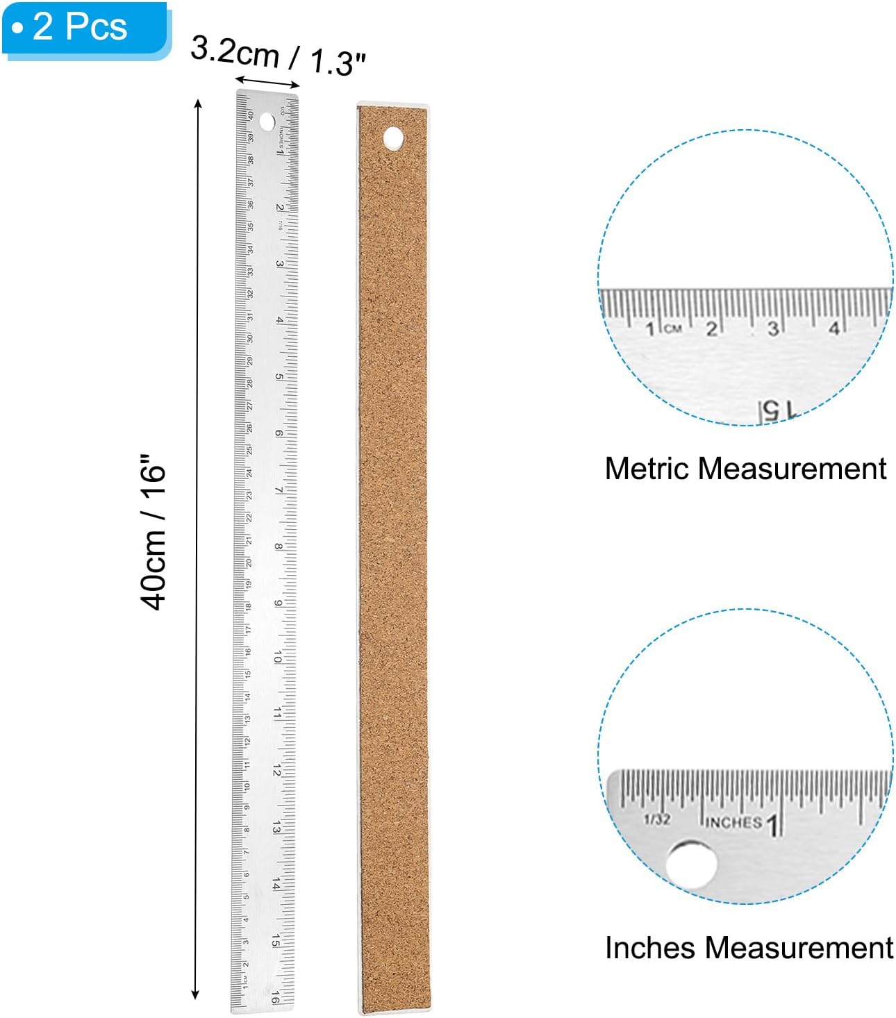 PATIKIL 16 Inch Stainless Steel Ruler Straight Edge Ruler, 2 Pcs Cork Backing Non-Slip Metal Ruler with Inches Centimeter Metric Measuring Tools for Office