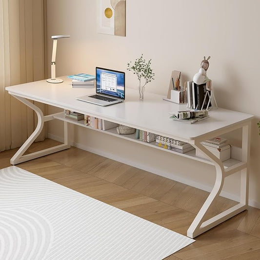 Extra Long Desk with Bookshelf - 71" Double Long Writing Table for 2-Person Workstation, Modern Study Work Computer Desk for Home and Office, Warm White