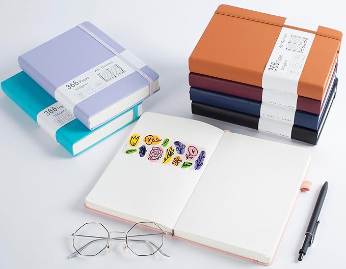 Thick Bullet Dotted Journal 2 Pack with 366 Numbered Pages, A5 Journal with 100GSM Dot Grid Paper, Hardcover Leather Notebooks for Women Men School Note Taking Office Work Diary, 5.7"x8.3" Black Pink