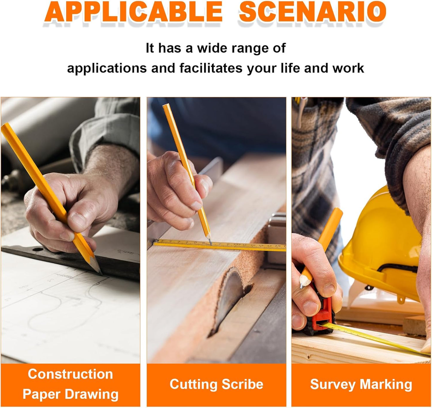 Honoson 200 Pcs Flat Construction Pencils with Printed Ruler Wood Graphite 2 Pcs Carpenter Pencil Sharpener for Woodworking Marking Tool(Wood)