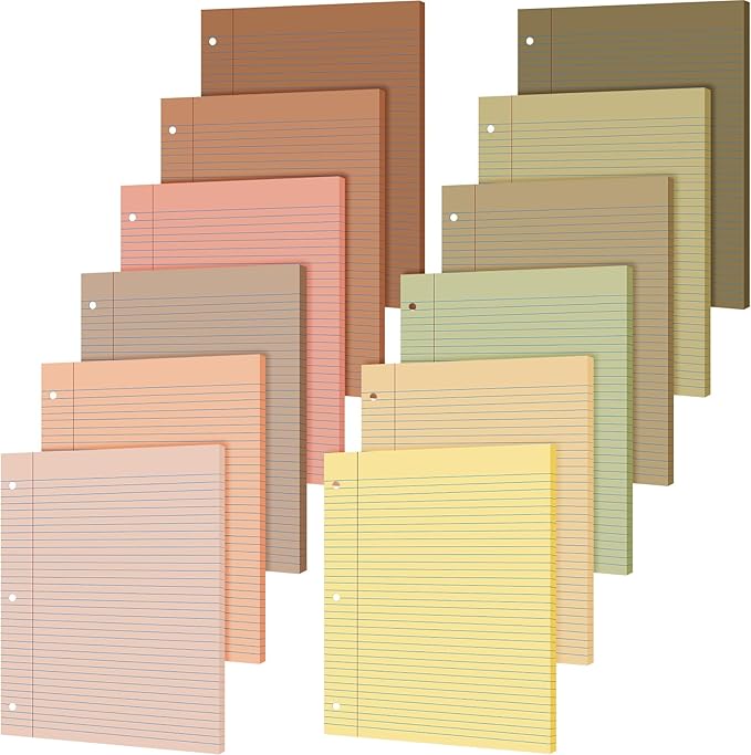 PerKoop 12 Pack 600 Sheets Colored Lined Paper Bulk Wide Ruled 8 x 10.5 Inches, Pastel Loose Leaf Notebook Paper 3 Hole Punched Filler for Back School Classroom Supplies(Cute Color)