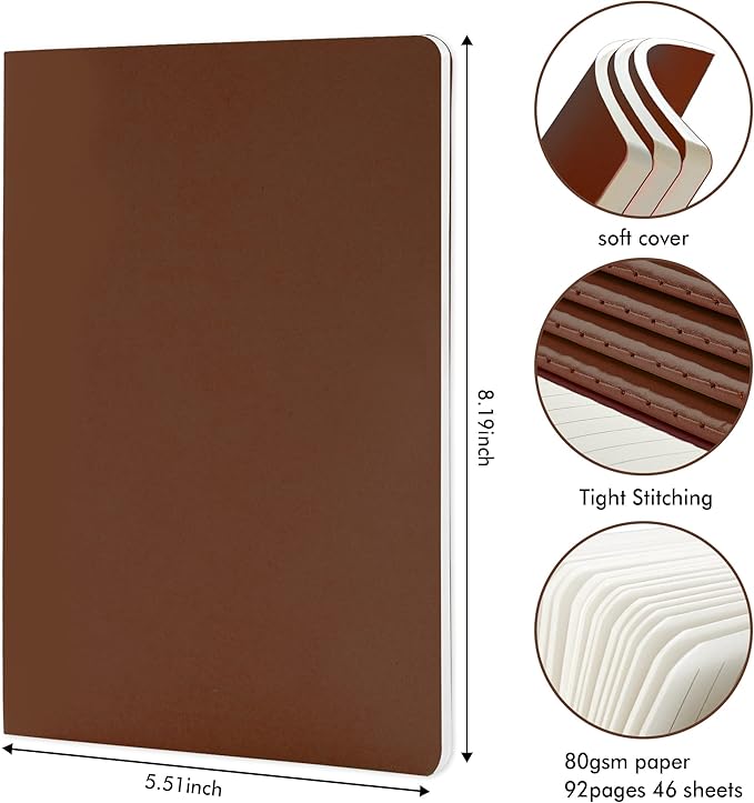 feela 8 Pack Soft Cover Journal Bulk, Notebooks College Ruled for Work, Lined Travel Journal for Women Men, Note Taking Notebook School Supplies Business Writing, 8.2” x 5.5”, A5, Brown