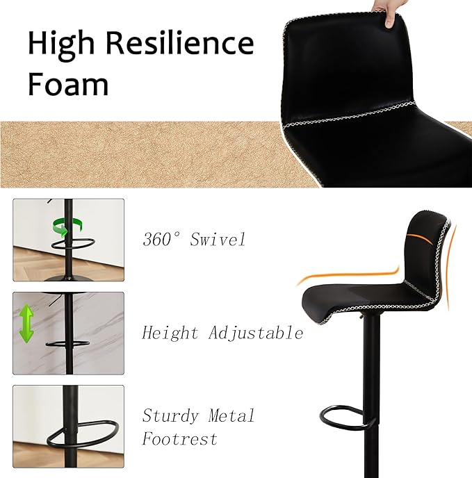HeuGah Swivel Bar Stools Set of 4, Counter Height Bar Stools with Back, Adjustable Bar Stools 24" to 32", Black Faux Leather Bar Chairs for Kitchen Island (Black, Set of 4 (24'' to 32''))