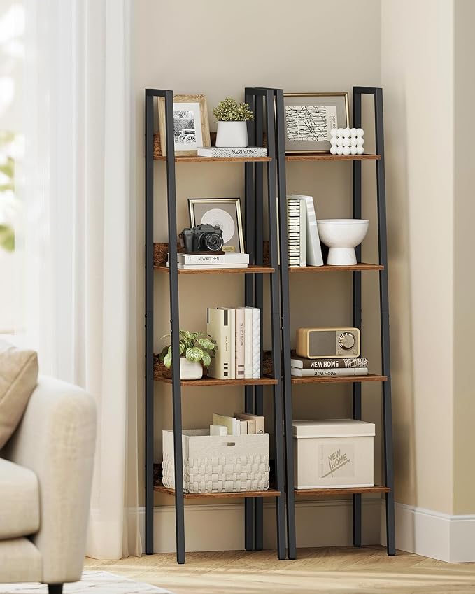 VASAGLE Bookshelf, 4-Tier Narrow Book Shelf, 11.8 x 13.3 x 55.1 Inches, Ladder Shelf for Home Office, Living Room, Bedroom, Kitchen, Rustic Brown and Ink Black ULLS108B01