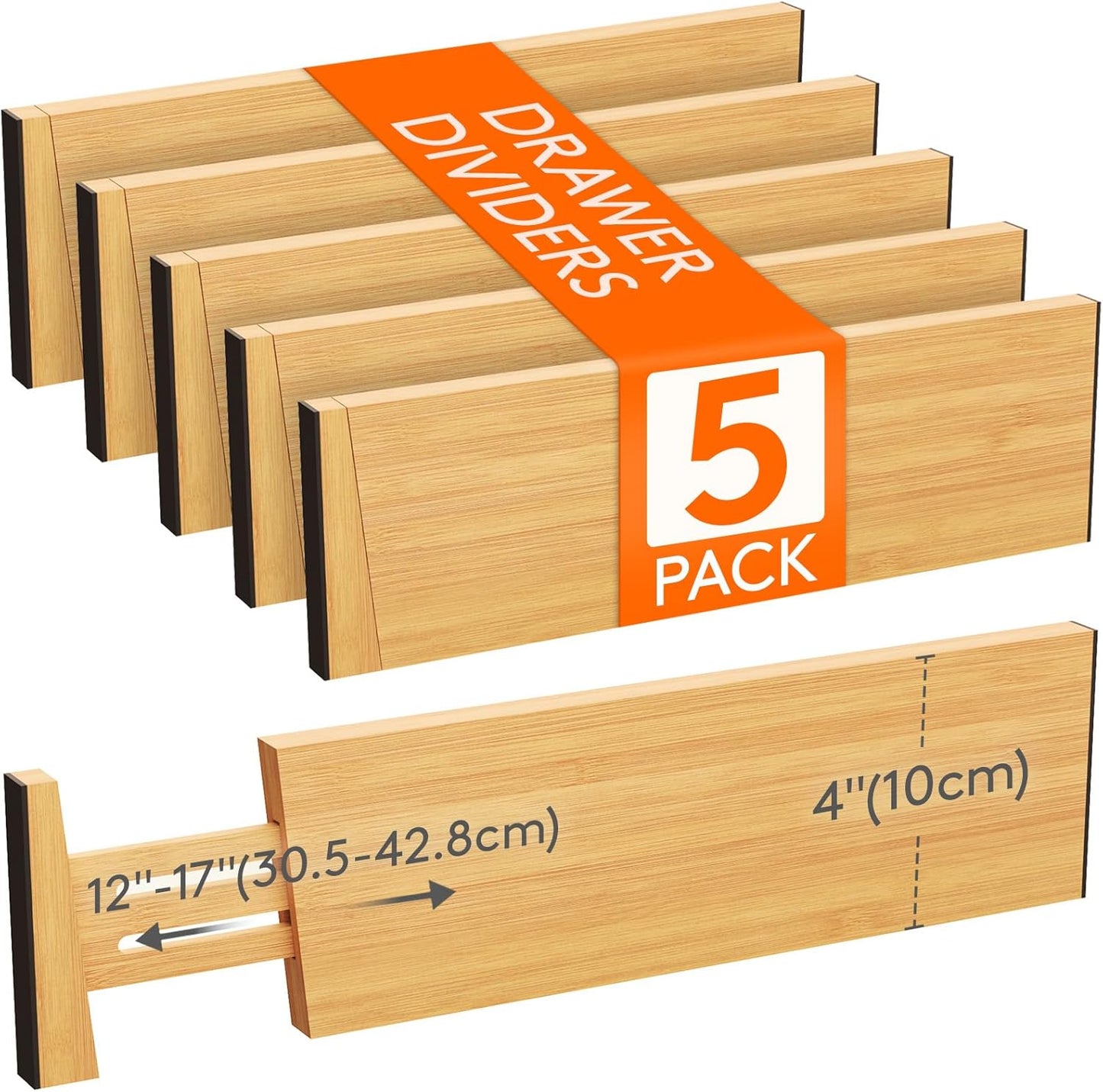 Lifewit 5 Pack Drawer Dividers Bamboo 4" High, 12-17" Adjustable Drawer Organizers for Clothes, Expandable Dresser Separators in Bedroom/Bathroom/Kitchen/Fridge/Office Organization and Storage