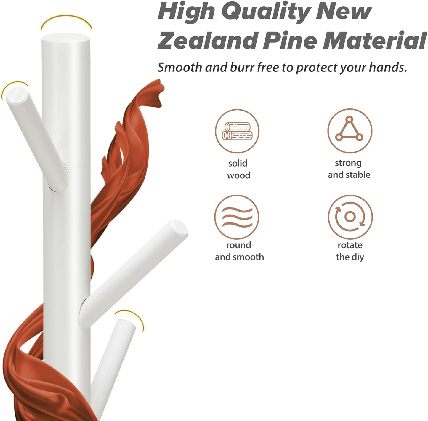 Wooden Coat Rack, Free Standing Coat Rack with 8 Hooks 3 Adjustable Heights for Clothes, Hats, Handbags, Coat Tree Easy Assembly for Entryway, Bedroom, Hallway, Office(2PCS)