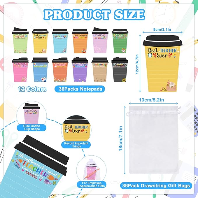 36 Set Teacher Appreciation Gifts Bulk Team - 36 Coffee Cup Notepad+ 36 Ballpoint Pens+ 36 Drawstring Gift Bags, Bulk Gifts for School Office Christmas Teacher's Day Coworker Nurse Employee