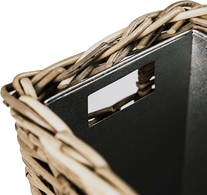 The Basket Lady Large Rectangular Kubu Wicker Waste Basket with Metal Liner, 14.5 in L x 9 in W x 18 in H, Serene Grey