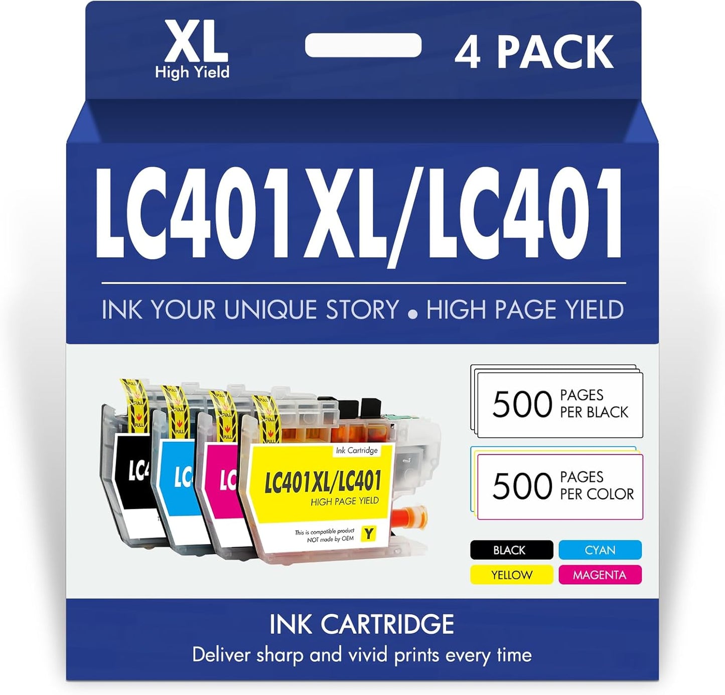 LC401XL LC401 MFC-J1010DW Ink Cartridges for Brother Printer LC 401 401XL for MFC-J1010DW MFC-J1170DW MFC-J1012DW MFC-J1800DW MFC J1010DW - 4 Pack High Yields Black Cyan Magenta Yellow