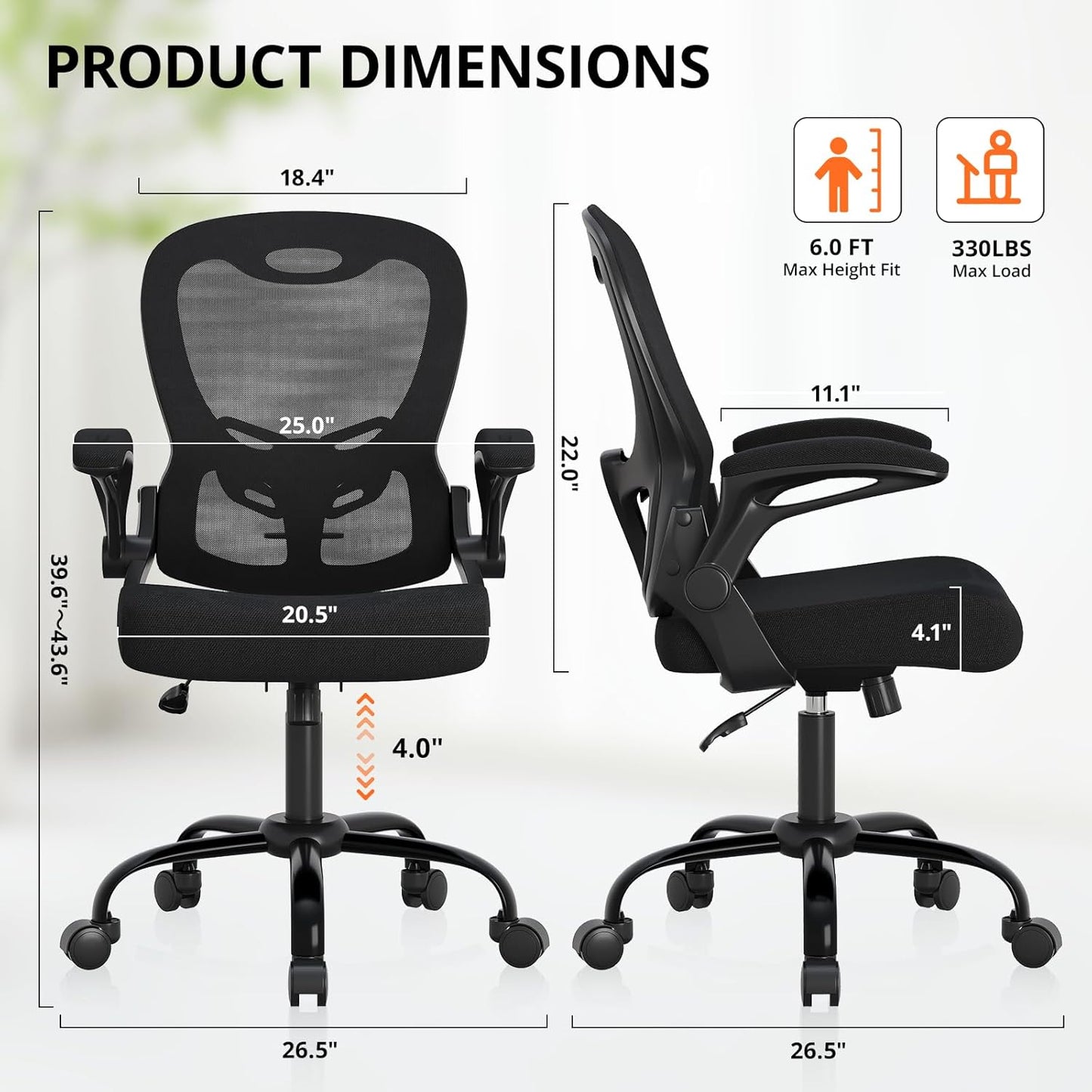 Office Chair, Ergonomic Desk Chair Breathable Mesh Chair with Adjustable High Back Lumbar Support Flip-up Armrests, Long Hours Comfortable Computer Chair for Home Office, Black