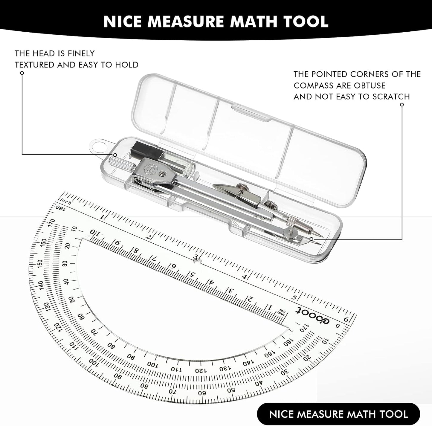 Zonon 2 Set Protractor and Compass Set, Student Geometry Math Set Drawing Compass and 6 Inch Clear Swing Arm Protractors 180 Degree Math Protractor