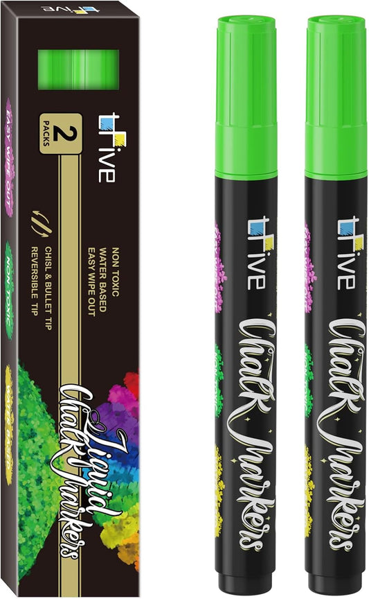 TFIVE Green Liquid Chalk Markers - 2 Pack Bright Colors Erasable Chalk Marker Pens, Reversible Tip, Non-Toxic, for Chalkboards, Signs, Glass, Easy to use Chalk markers TF800