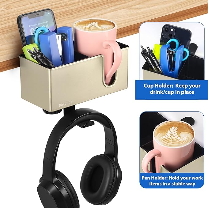 ROSLINE 3-in-1 Clip-on Desk Organizer - Pen, Headphone, and Cup Holder for Expanding Office and Gaming Space (Champagne)