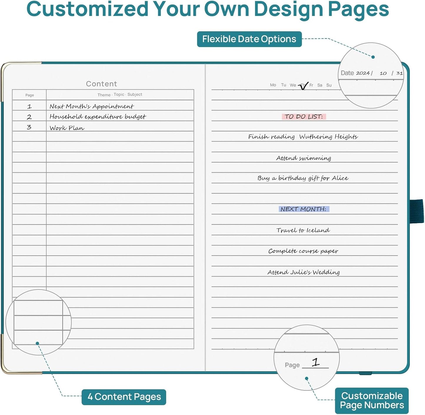 A5 Lined Journal Notebook - 100 GSM Thick Paper, Hardcover Journaling Notebook for Writing, Work, Travel, College Ruled Journal for Women Men, PU Leather Note Book, 5.5”x8.3”- Pacific Green