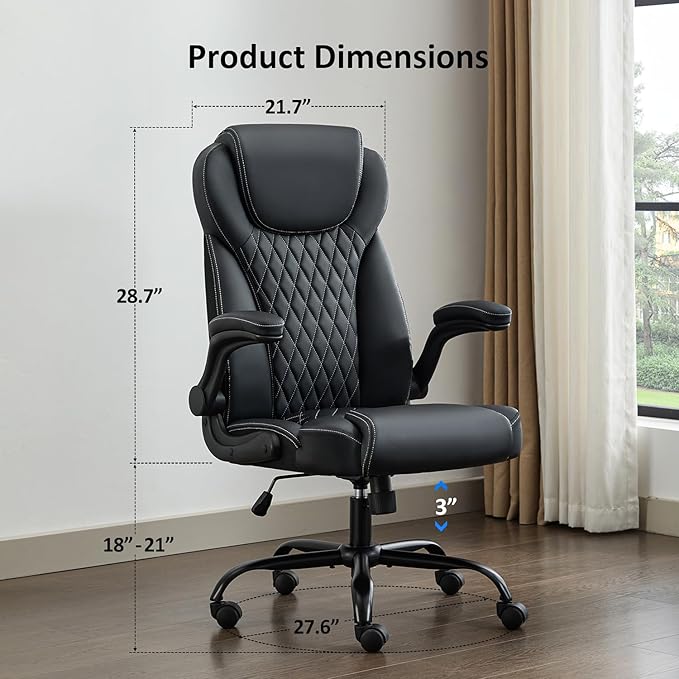 Office Chair, Executive Leather Chair Home Office Desk Chairs, Ergonomic Computer Desk Chair with Adjustable Flip-Up Arms, Lumbar Support Swivel Task Chair with Rocking Function (Black)