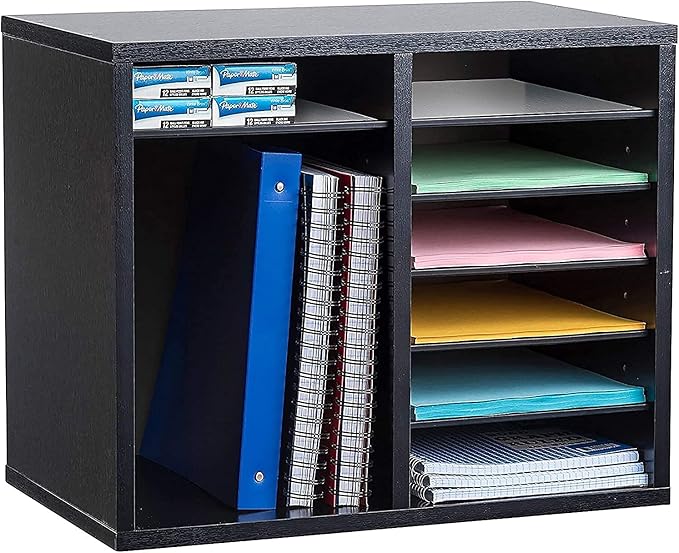 AdirOffice Wooden Adjustable Literature Organizer, 12 Compartment Office Mailbox, or Classroom Literature Organizer, Black
