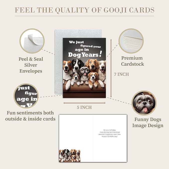 Gooji 5x7 Dogs Birthday Card, Funny Humorous Cute Card for Wife Husband Teenage Young Boy Girl Men Women Adult, Golden (Age)