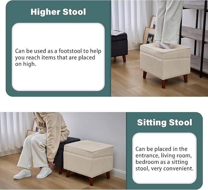 Storage Ottoman with Adjustable Lid, Soft Step Stool, Footrest and Seat, Ottoman Foot Rest for Living Room, Bedroom, Dorm, Beige