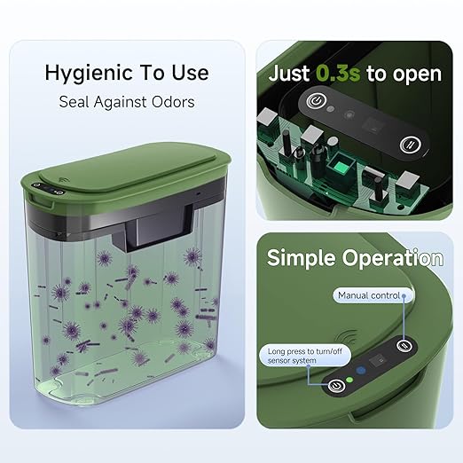 Automatic Motion Sensor Bathroom Trash Can with Lid, 2.6 Gallon Touchless Trash Bin, Smart Garbage Can Plastic Slim Wastebasket for Bedroom, Office, Dorm (Green)