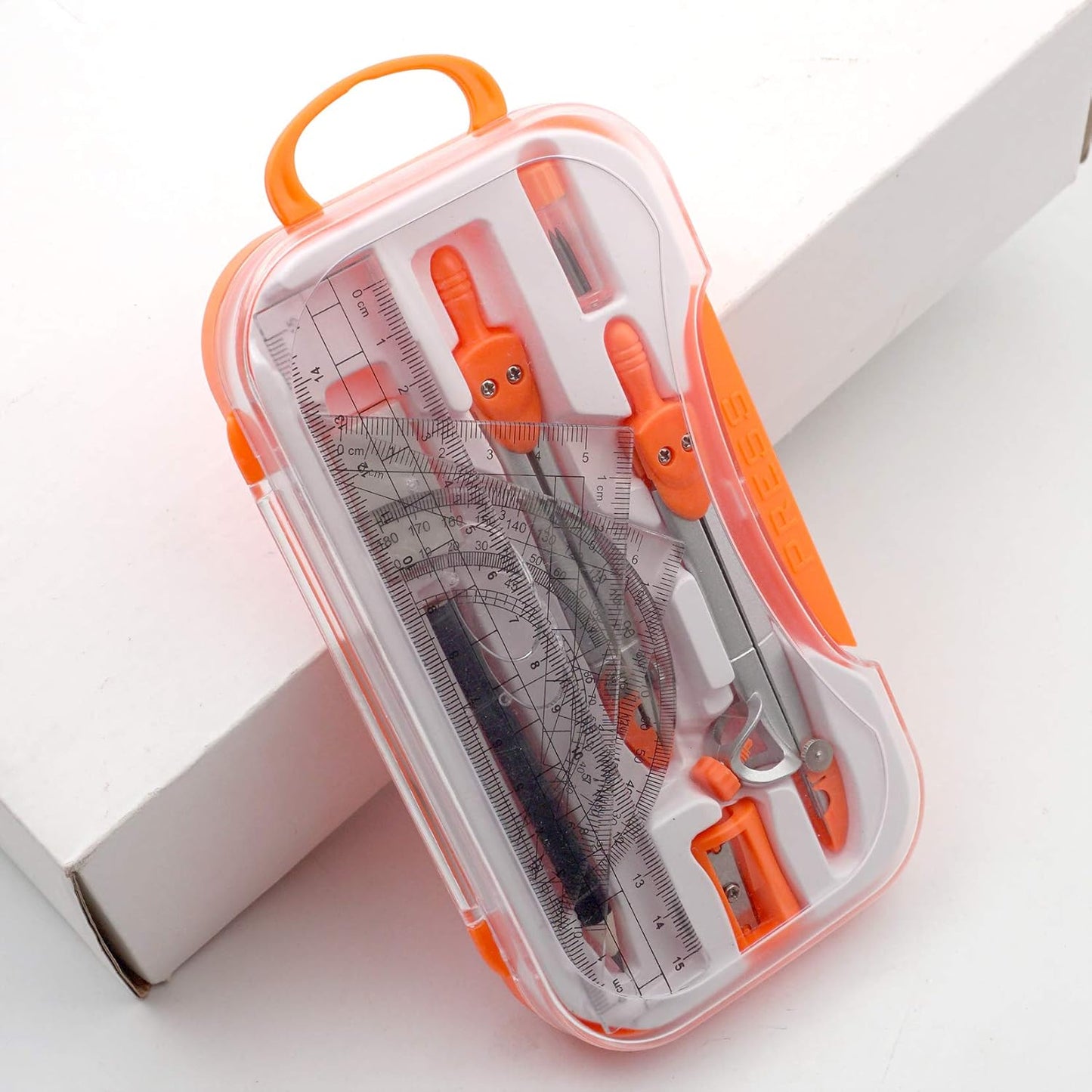 Maths Compasses for Geometry Student Drafting Compass Set Starter Kit with Protractor, Set Squares with Case for School Maths Study, Orange