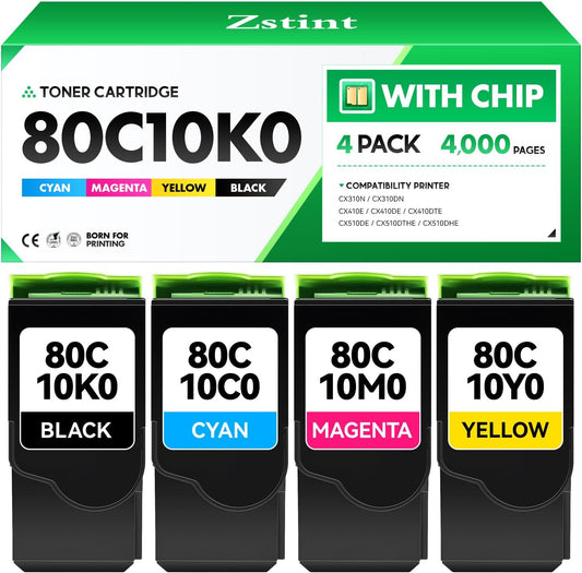 80C10K0 80C10C0 80C10M0 80C10Y0 Toner Cartridge Set 4-Pack Replacement Compatible with Lexmark CX310N CX310DN CX410E CX410DE CX410DTE CX510DE CX510DTHE CX510DHE Printer Ink Black Cyan Magenta Yellow
