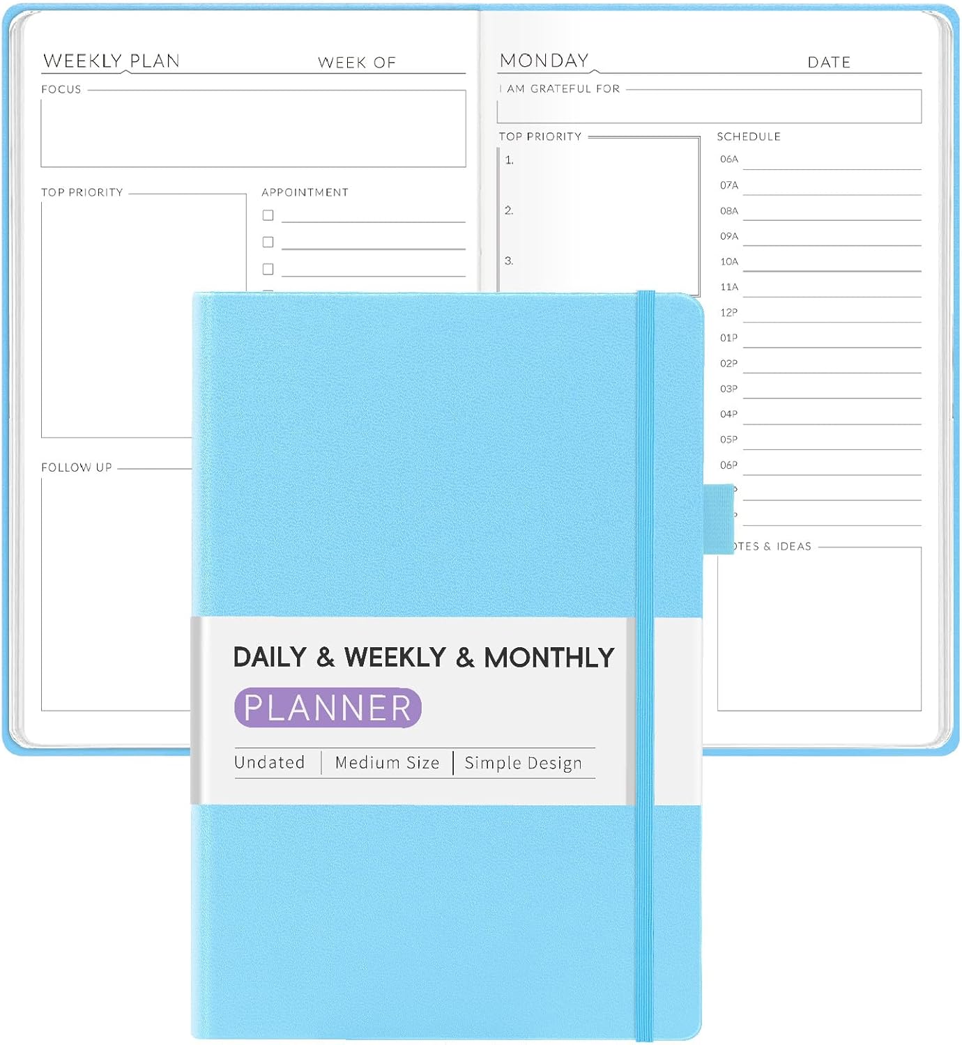 Undated Weekly Planner for 2025, Forvencer Simplified Daily & Weekly & Monthly Calendar Planner, Cute Daily Organizer Notebook, Agenda Journal to Track Goals & Tasks, Start Anytime, A5 Size, Sky Blue