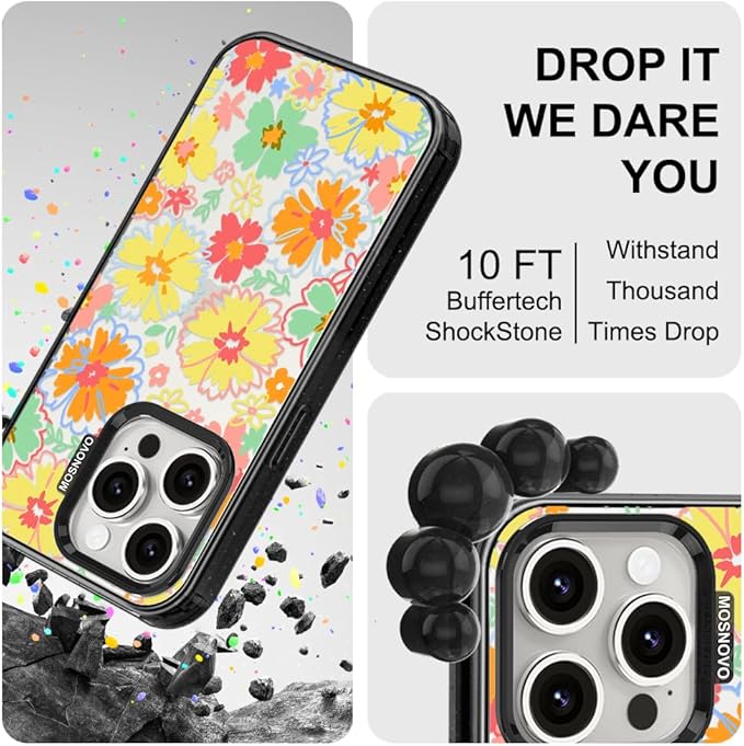MOSNOVO Case for iPhone 15 Pro, [10ft 4X Military-Grade Drop Protection] Durable & Shockproof Phone Case Cover Design for iPhone 15 Pro - Retro Boho Hippie Flowers - Clear Black