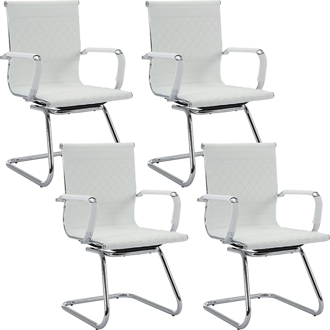 Office Guest Chairs - Reception & Waiting Room Set of 4, Modern PU Leather Desk Chairs, White