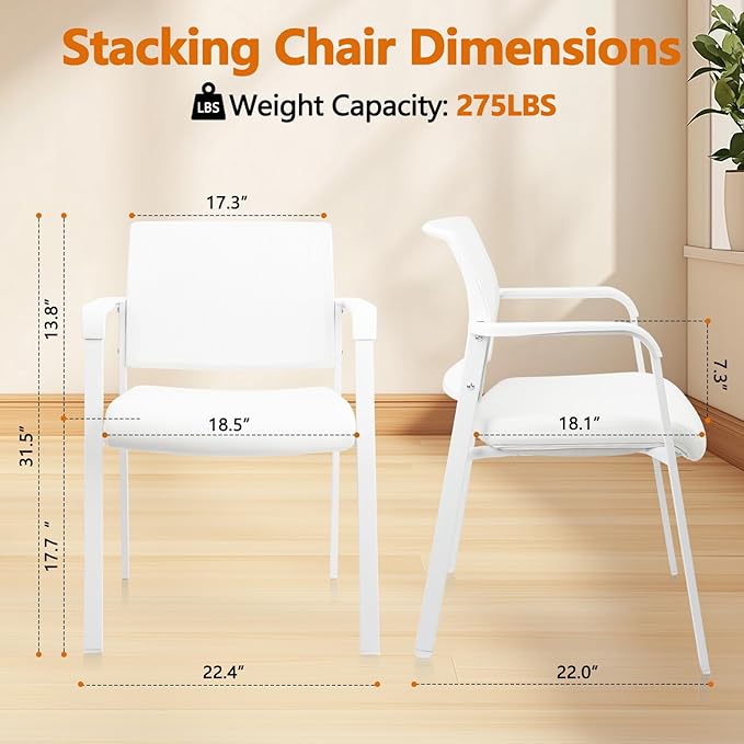 CLATINA Stacking Office Chairs | Mesh Back, Thicken Leather Seat and Arms, Ergonomic Lumbar Support | Guest Reception, Waiting, Conference, School, Party, Customer, Side, Stationary | Set of 4, White