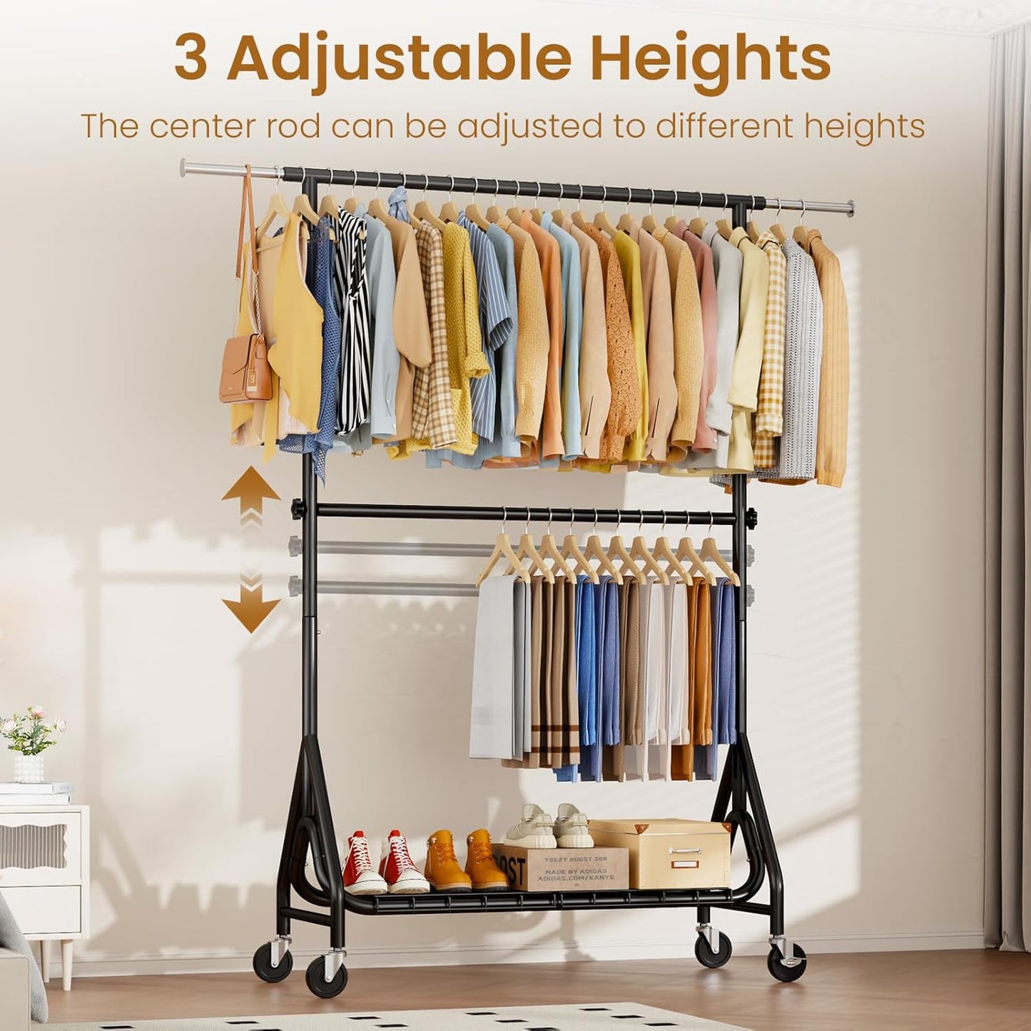 Heavy Duty Clothes Rack for Hanging Clothes, Double Rods Clothing Rack with Lockable Wheels, Rolling Garment Racks with Shelf, Easy to Assemble, Black