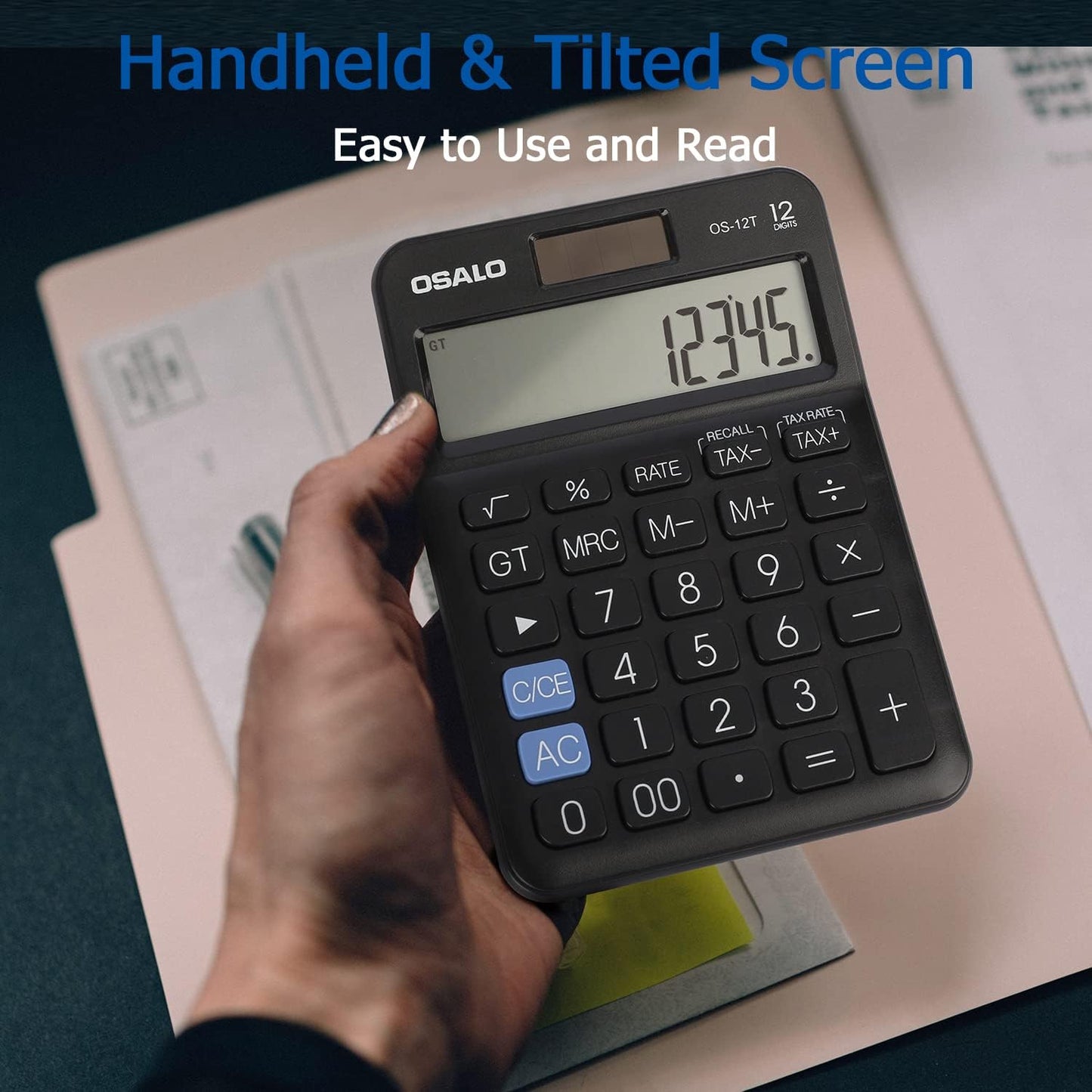 Pocket Small Size Desk Calculator, 12 Digit Large LCD Display, Basic Tax Function Handheld Desktop Calculator with Solar Battery Dual Power, Perfect for Office, School, Business OS-12T (Black)