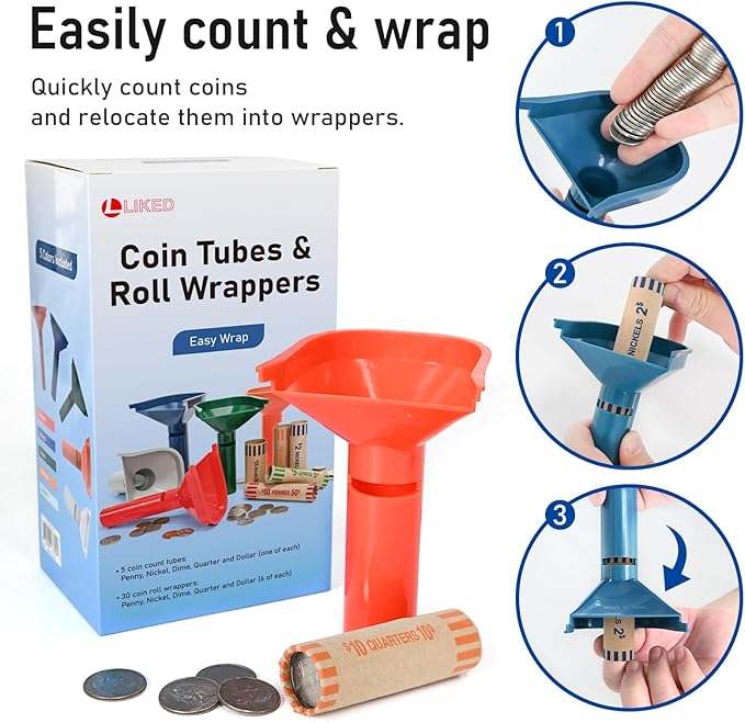 L LIKED 30 Assorted Preformed Coin Wrappers & 5 Coin Sorters Tubes, Color-Coded,Easy to Load