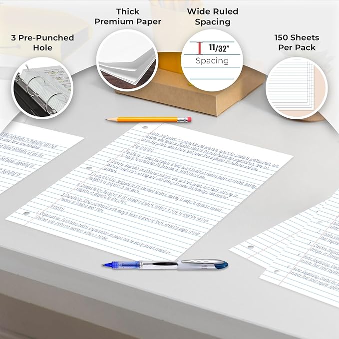 Loose Leaf Paper, 900 Sheets, 6 Pack, Wide Ruled, 8" x 10.5", 56 gsm Bulk Office Filler Sheets, 3 Hole Punched, 150 Sheets/Pack, Wide Ruled for 3 Ring Binder, Notebook Paper, White