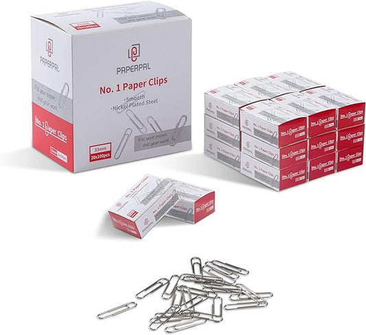 PAPERPAL #1 Smooth Paper Clips, 2000 Medium Paper Clips (20 Boxes of 100 Each), Bulk Paperclips for Office School & Personal Use, Daily DIY, 1-2/7" Silver Paper Clip Standard Size
