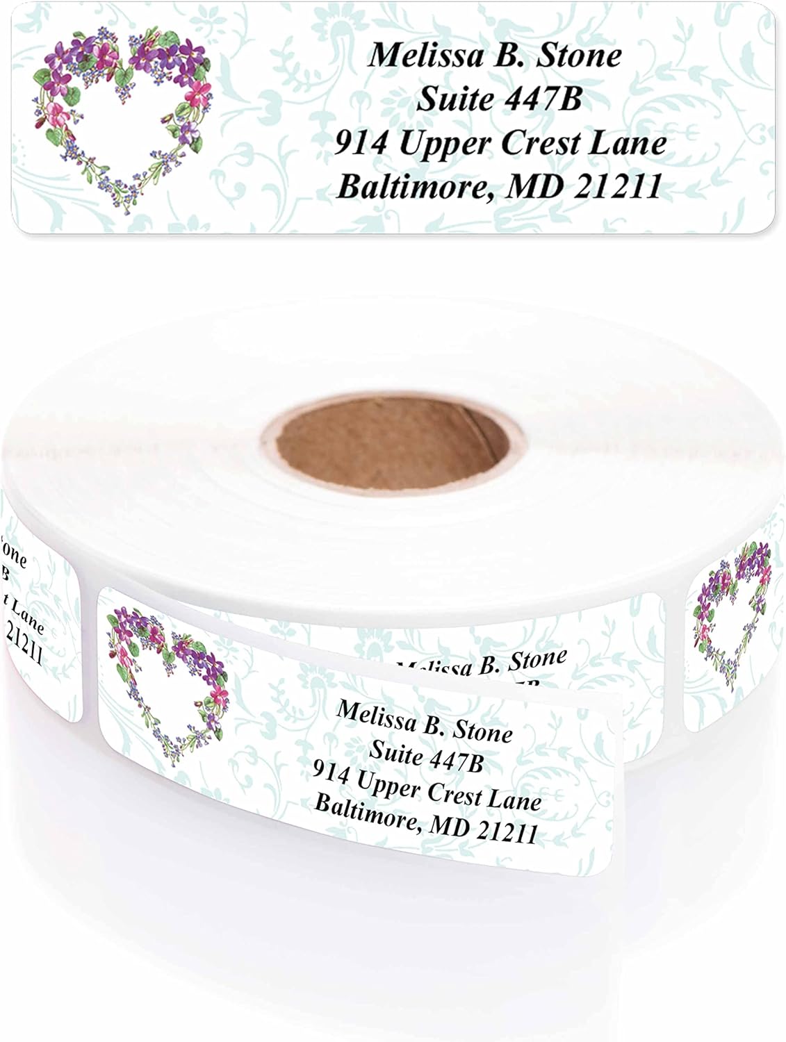 Floral Heart Wreath Rolled Address Labels with Elegant Plastic Dispenser