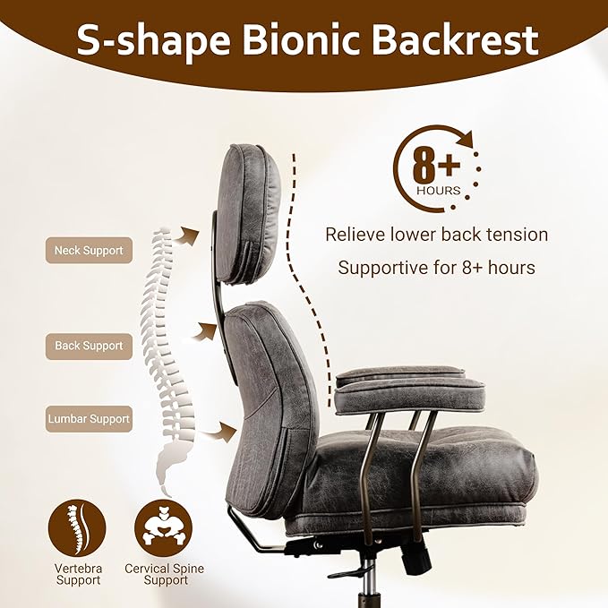 Faux Leather Executive Office Chair - Big and Tall Ergonomic Home Office Chair,Reclining Computer Desk Chairs with Lumbar Support,Adjustable Task Swivel Rolling PC with Wheels,Grey,Suede