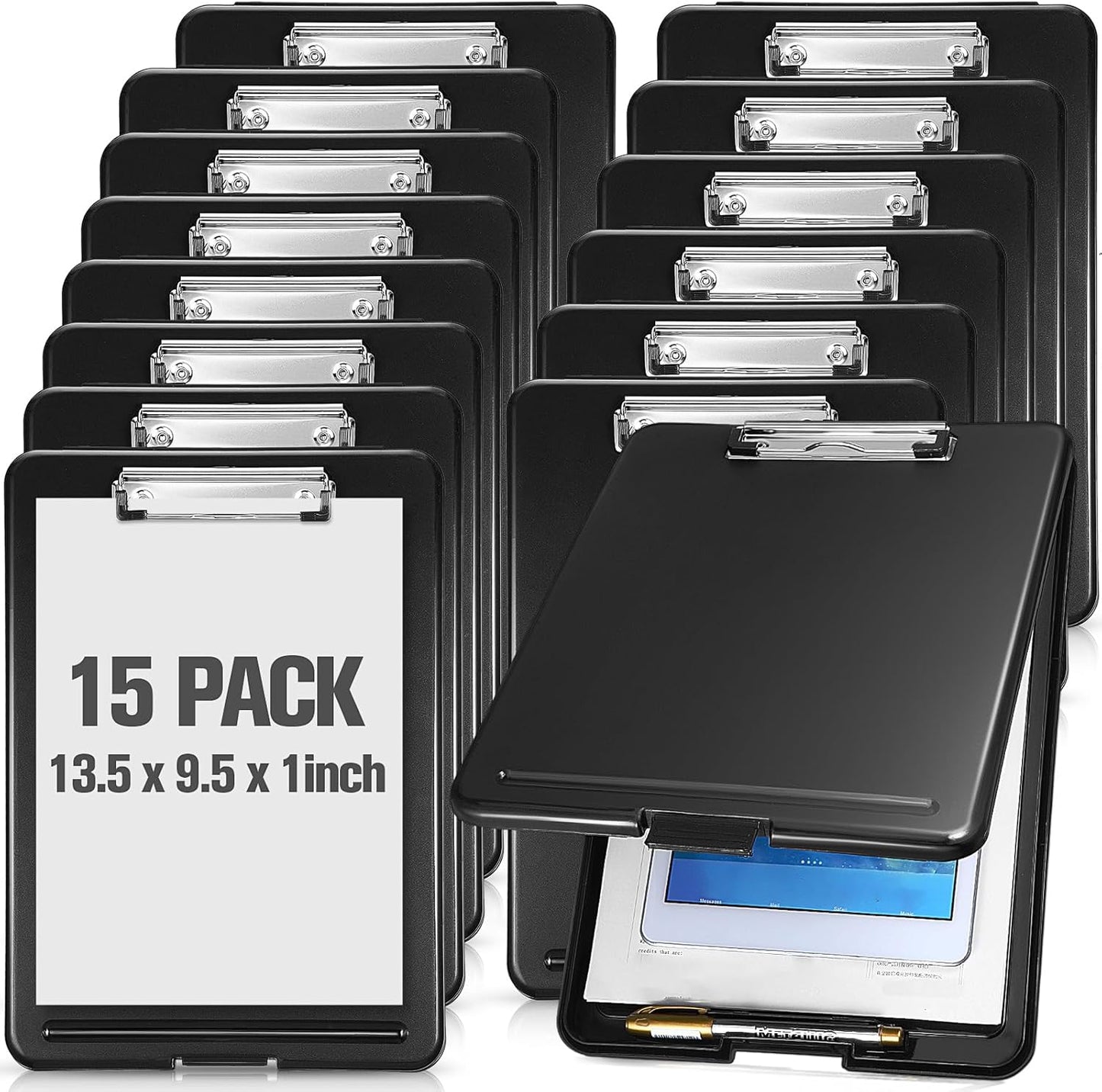 15 Pcs Clipboard with Storage Plastic Nursing Clipboard 9.5 x 13.5 Inch with Low Profile Clip Foldable Clip Board with Storage for Home Office Back to School Supplies