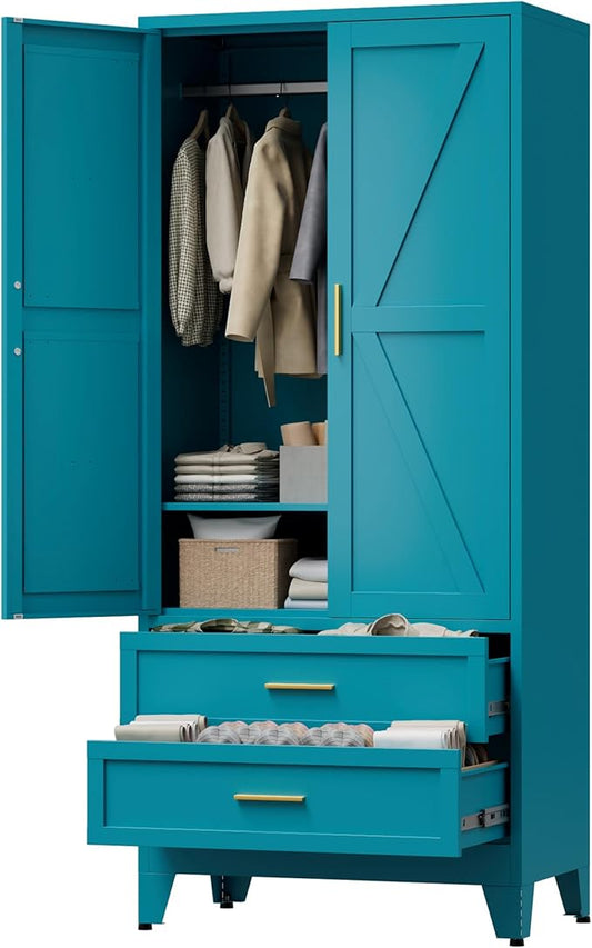 71" Tall Metal Wardrobe Cabinet with 2 Drawers and Hanging Rod, 2 Doors Armoire Wardrobe Closet with Shelf for Bedroom, Office, Laundry Room, Blue