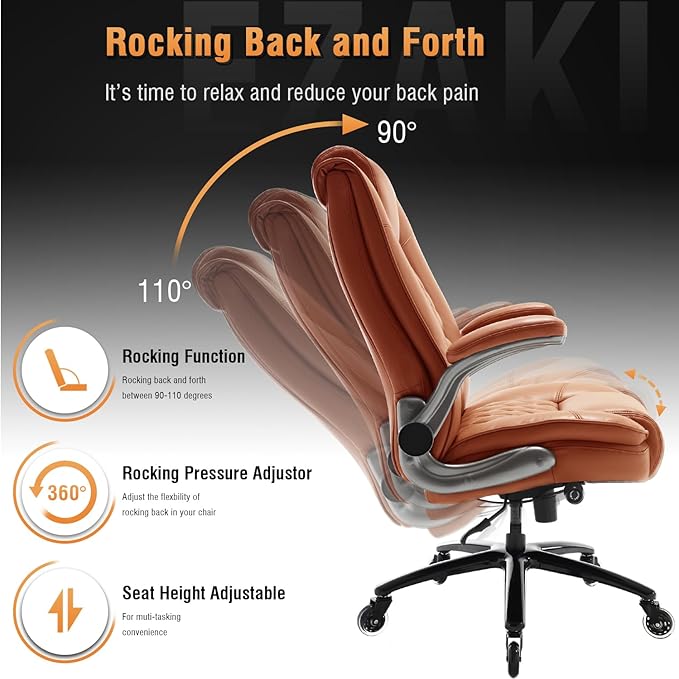 EZAKI High Back Office Chair-Flip-up Arms Executive Computer Desk Chair, Built-in Lumbar Support Thick Padded Adjustable Rock Tension Ergonomic Design for Back Pain